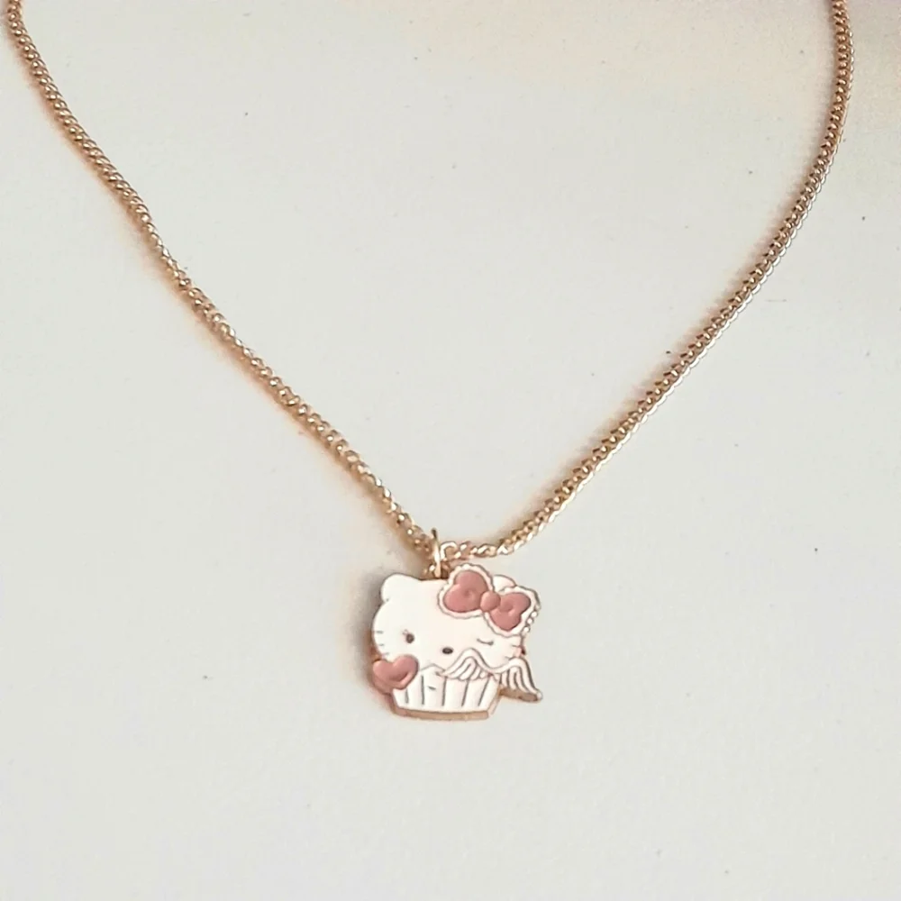 White & Pink Enamel Kitty Cat Necklace